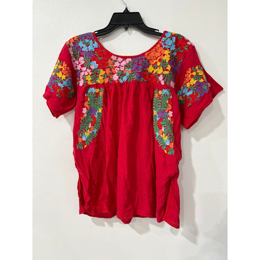 J. Marie Red Floral Embroidered Peasant Blouse Short Sleeve Boho Top Small - Picture 6 of 7